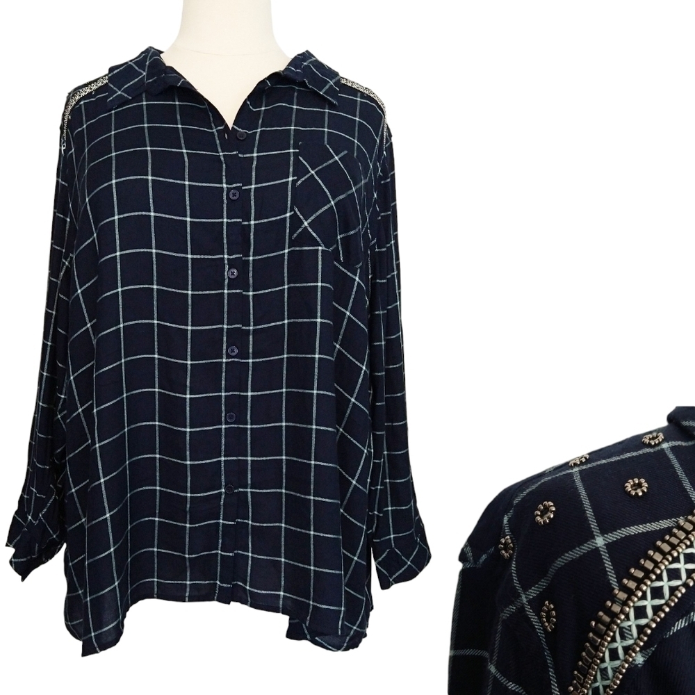 Catherines Navy Blue Windowpane Plaid Button-Up Shirt Beaded Shoulder Accents